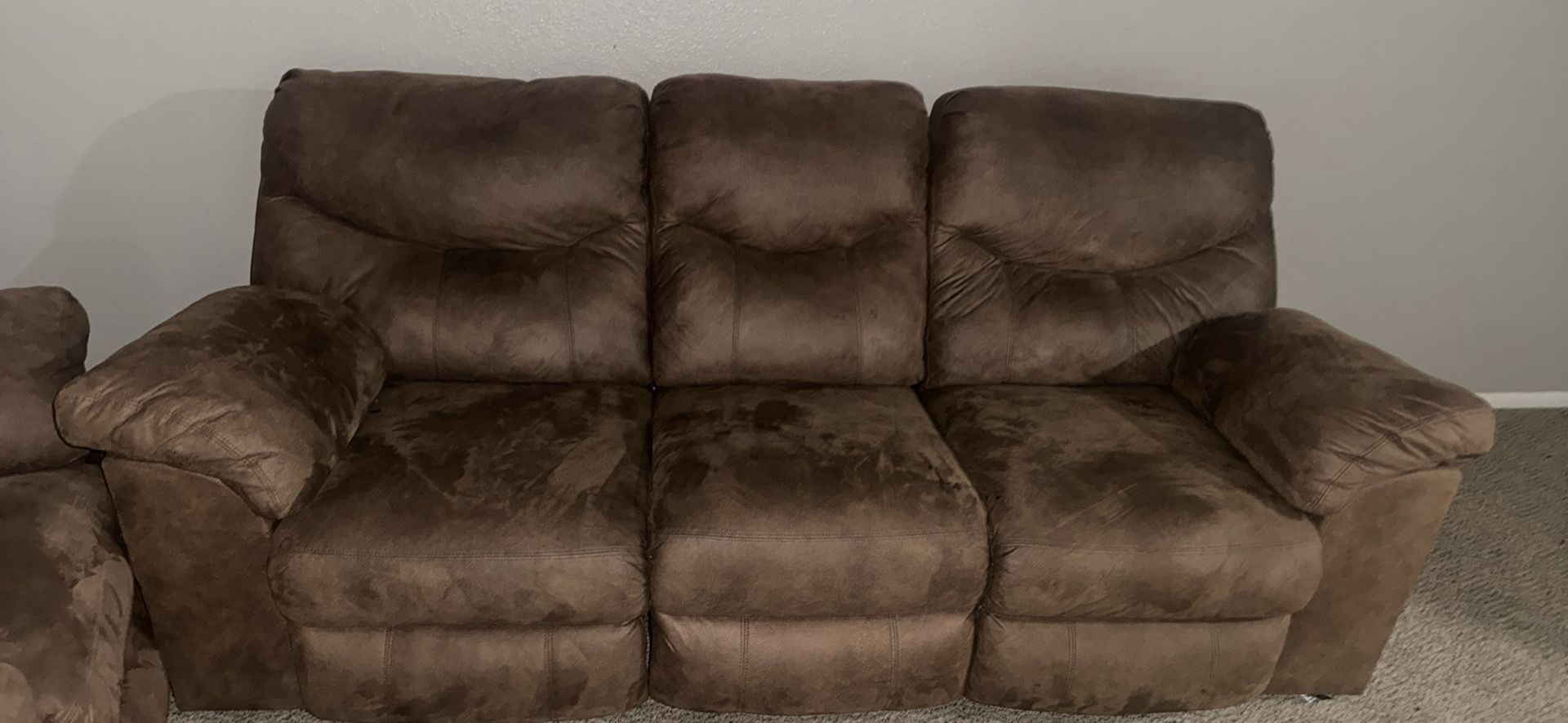 Two Matching Suede Reclining Couches — Great Condition
