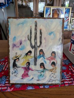 Vintage De Grazia print of native American children "Saguaro Dancers" decoupaged on wood vintage 1970s wall art, picture, plaque.