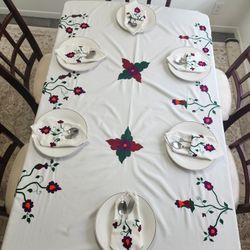 Embroidered Cotton Tablecloths Set with 6 Matching Napkins – Elegant Floral Design