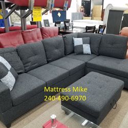 Brand New Box Black Gray Linen Sectional With Ottoman And Pillows