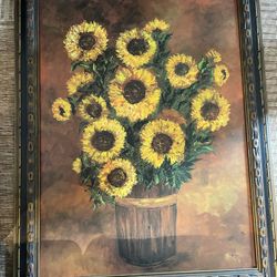 Wood hand Carved Frame With Sunflower Painting 