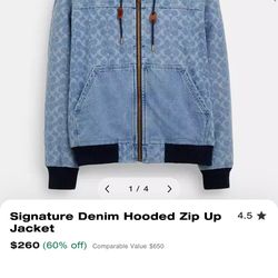 COACH Signature Denim Hood Jacket Zip Up