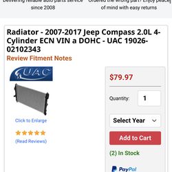 Radiator 2007 to 2017 JEEP COMPASS 2.0 L 4cilinders