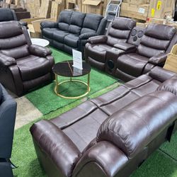 Brown Recliner Living Room 3Pcs Set With Bluetooth Speaker and LED Lights 