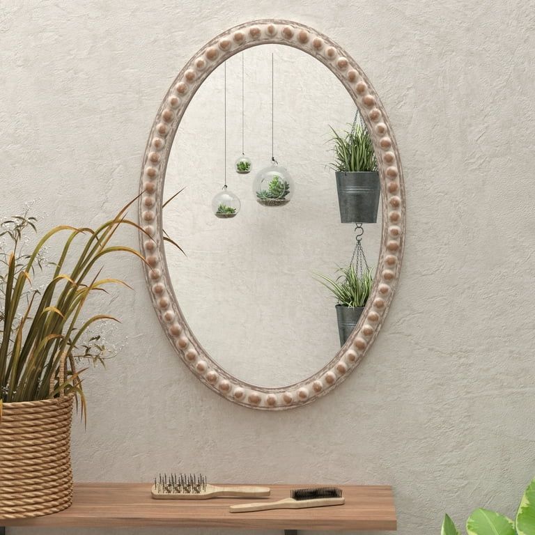 Distressed Wood Frame Accent Mirror, Rustic Farmhouse Style Decorative Wall Mirror (Oval)