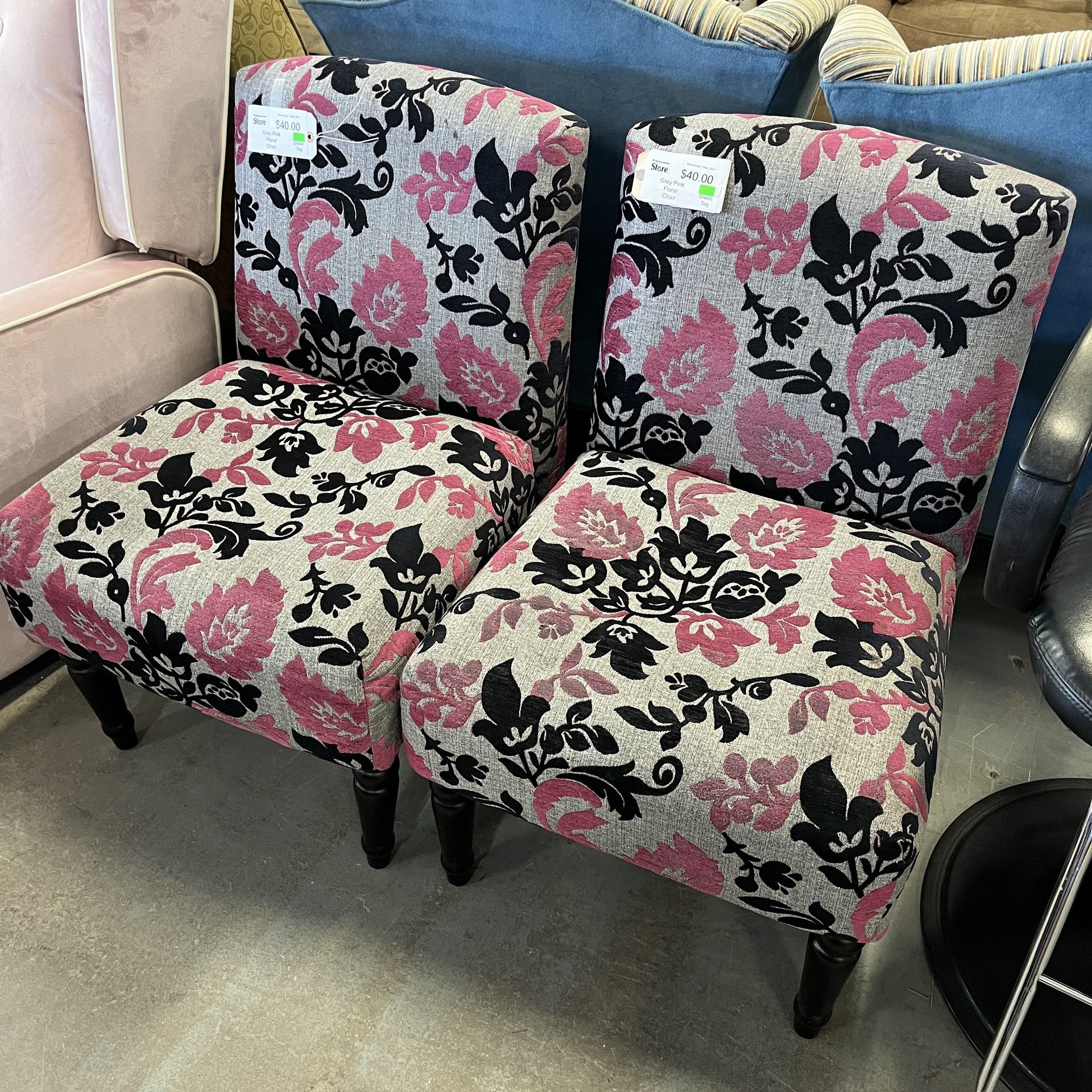 Pink Black Grey Floral Chair (in Store)
