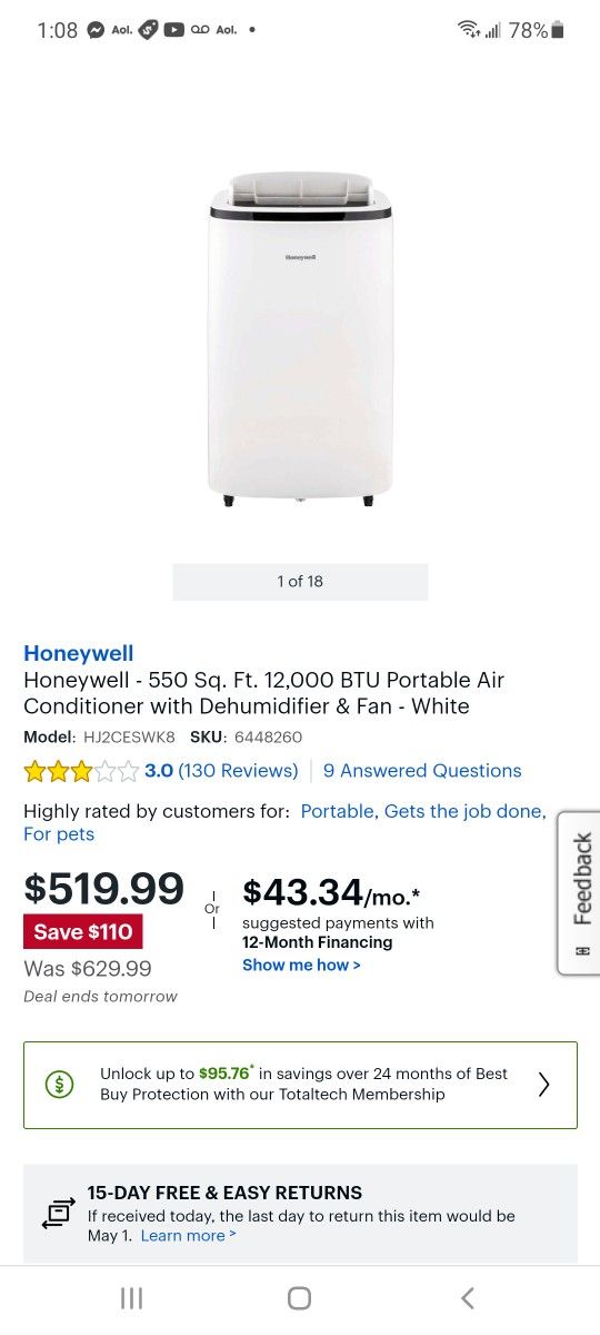 Honeywell - 550 Sq. Ft. 12,000 BTU Portable Air Conditioner with Dehumidifier & Fan $380
