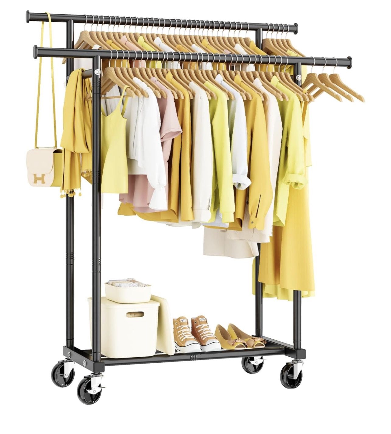 HYSEYY Double Rods Clothes Rack, Rolling Clothing Rack X(442)