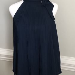 New, Solid Navy Blue Sleeveless Pleated Dress Top with Bow from H&M