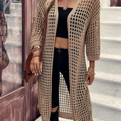 XL Khaki Women's 3/4 Sleeve Long Cardigan Lightweight Hollow Out Crochet Knit Open Front Kimono
