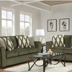 Beautiful Olive Green Sofa Loveseat With Accent Pillows (New)