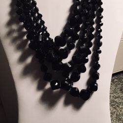 Vintage Black Beaded Multi-strand Necklace 