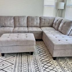 COSTCO Grey Chenille Sectional Couch And Ottoman 