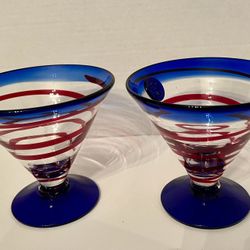 2 Crown Anchor Martini Glasses Colbalt Blue with red swirl and blue stamp