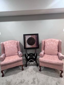 $140 obo Pair of Pink Damask Wingback Chairs