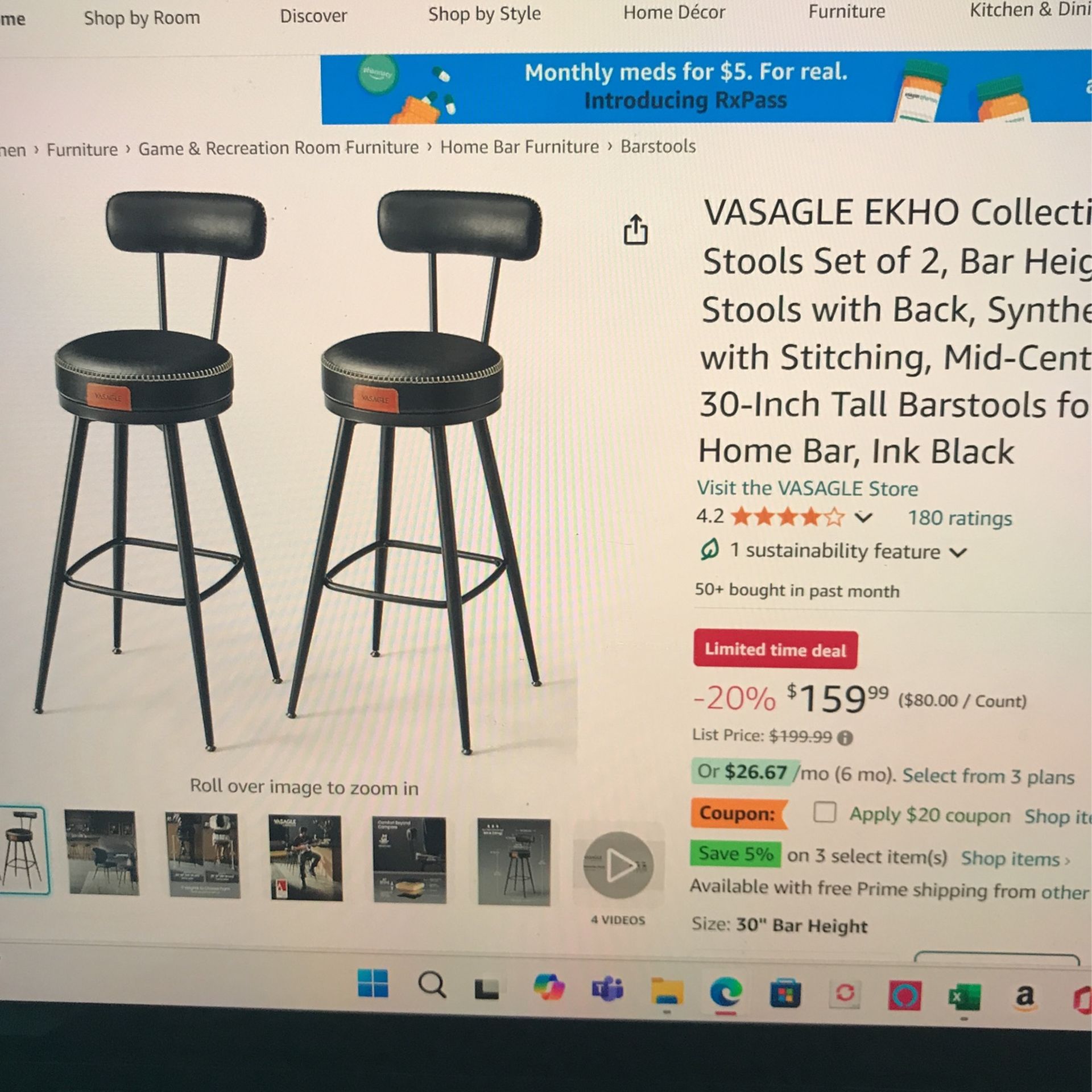 Bar Stools Set Of 2. Vasagle Ekho