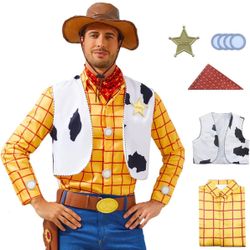 Sheriff Woody Cowboy Costume Shirt for Adults Men/ Woody Shirt Men's Plaid Button Down Long Sleeve Work Casual Shirt, Halloween Costume. Size: L   HAT