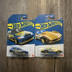2025 Hot Wheels Blue/Gold Chrome CHASE 58th Anniversary Corvette Stingray & honda civic  New!