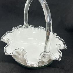 VTG Fenton Milk Glass Silver Crest Basket in the Spanish lace pattern Stamped 8”