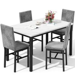 Marble Kitchen Table Set with 4 Upholstered Velvet Chairs for Home Kitchen, Living Room, Dining Room, White and Gray