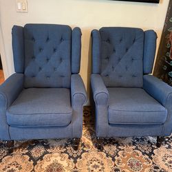 Set of 2: Blue Button-Tufted High Wingback Accent Chairs