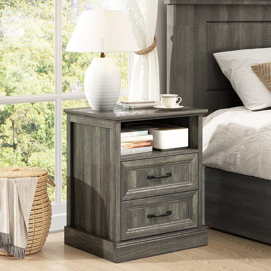 20" Farmhouse Nightstand, End Table with 2 Large Drawers & Open Storage, Side Table, Bedside Cabinet for Bedroom, Living Room, Grey