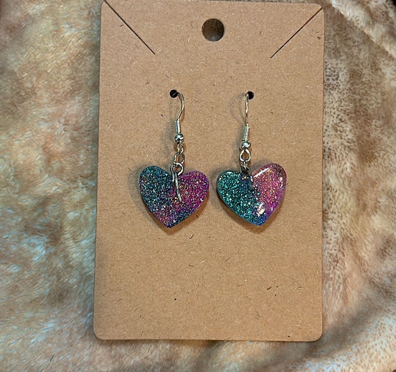 Pink and Teal Sparkle Heart Dangle Earrings
