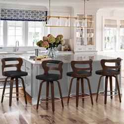 26''H Swivel Counter Height Wood Bar Stools, Dark Walnut (Set of 4)