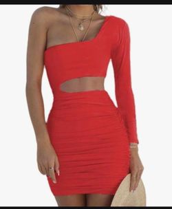 Red One Sleeve Cutout Mini Dress  LARGE