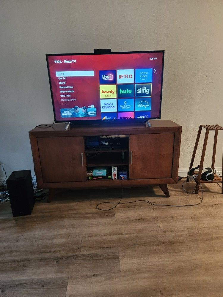 Mid-Century Media Console / TV Stand – Walnut, Storage Doors”