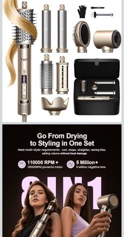 Tqcir 8 in 1 Hot Air Styler, Powerful Hair Dryer Brush with AutoWrap Curler Anti-Frizz Blow Dryer for Fast Drying Curling Straightening Volumizing,