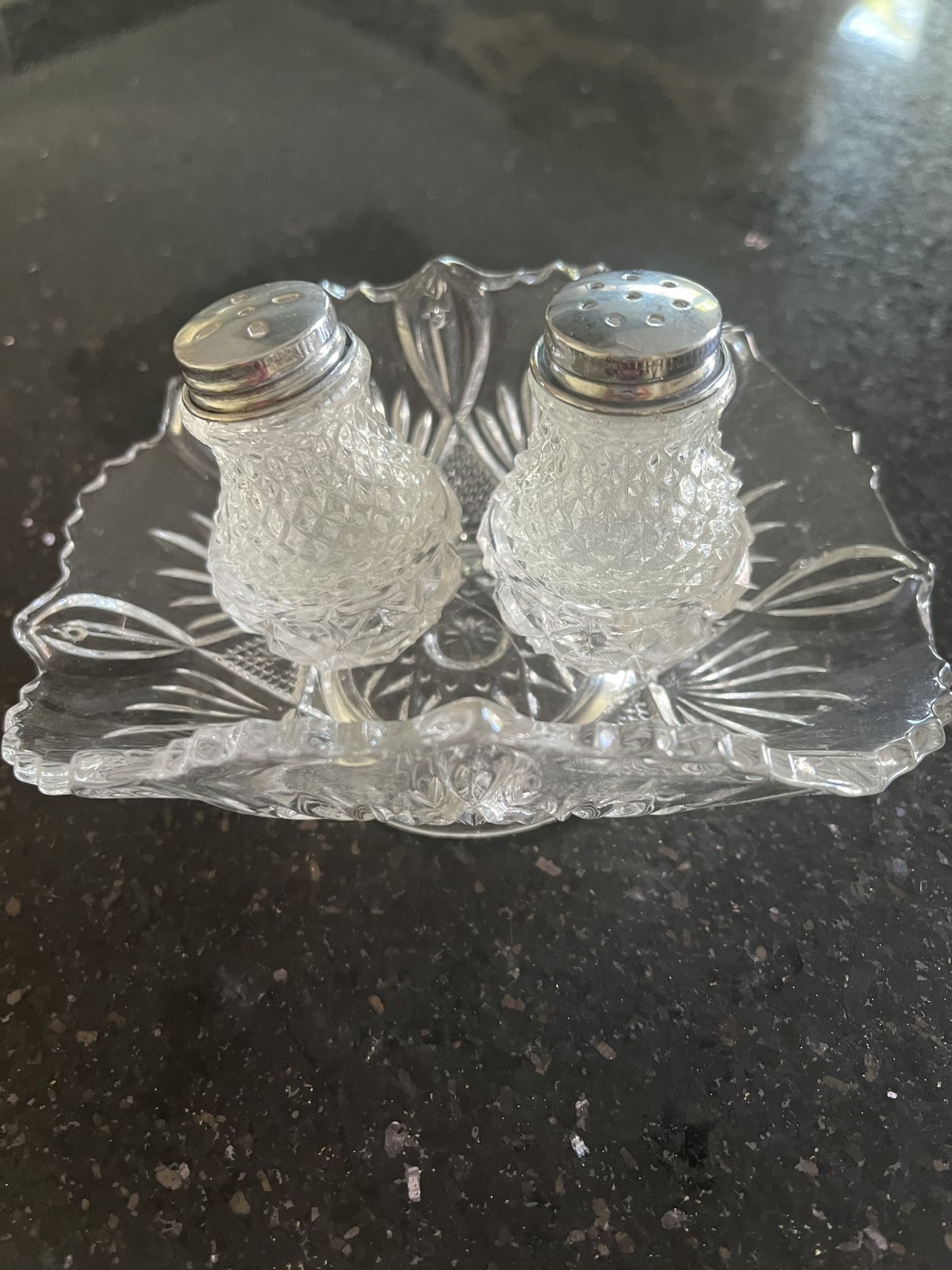 Vintage Crystal 5 pieces set Salt and Pepper Shakers with Tray