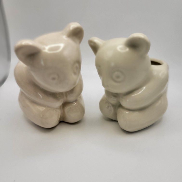 Vintage Pair 1930's Heager Ceramic Planter Miniature Teddy Bears Cream #641