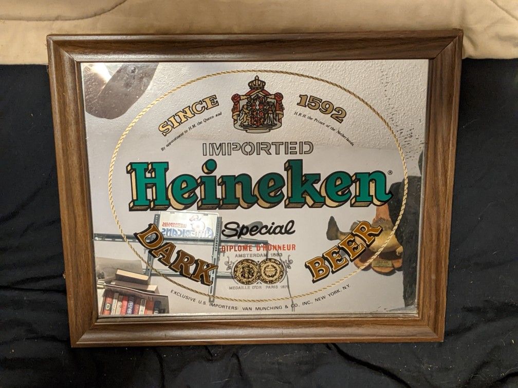 VINTAGE HEINEKEN BEER WOOD FRAMED MIRROR 