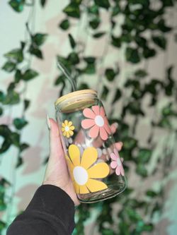 Flower Glass Cup 16oz with Straw, Lid, and Straw Cleaner! 