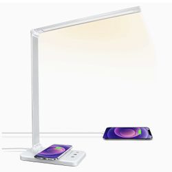 JOSTIC LED Desk Lamp with Wireless Charger, USB Charging Port, Desk Light with 10 Brightness, 5 Color Modes, Dimmable Eye Caring Reading Desk Lamps fo