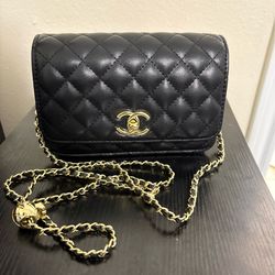 Black Quilted Leather Wallet-on-Chain with Gold Hardware
