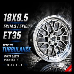🔥 18x8.5 5x114.3 / 5x100 ET35 TRAKLITE TURBULANCE – Hyper Silver / Polished Lip 🔥
