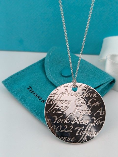 Tiffany & Co Sterling Silver 727 Fifth Avenue New York "Notes" Round Tag Pendant with Necklace 24.48 g