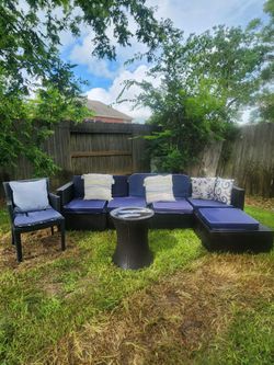 Outdoor Sectional Patio Set with Cooler Table & Navy Cushions