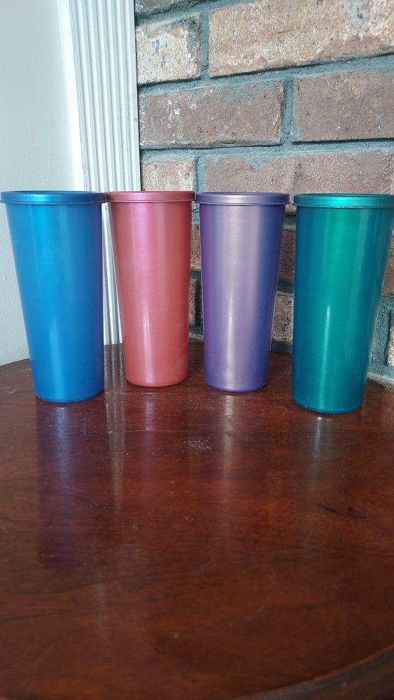 Tupperware Tumblers Dark Colors Lids 16 oz Rust Blue Teal Purple Set Of 4 READ!