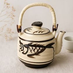 Japan 1970s Ribbed Stoneware Koi Fish Teapot Rustic Brushwork, 3.5x6”