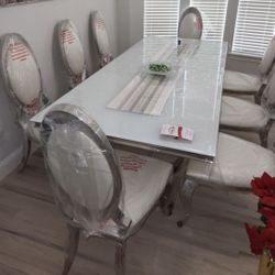 Custom Elegant Modern 6 Chair Glass/Steel Chrome Dining Table