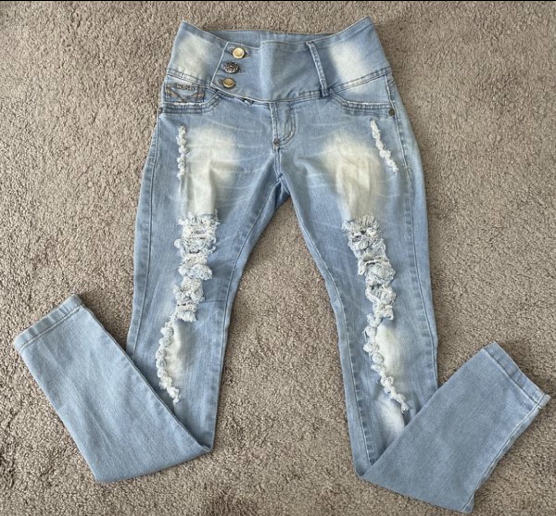 Women’s Girls Kids Brazilian Distress High-Rise Jeans Shinny Pants