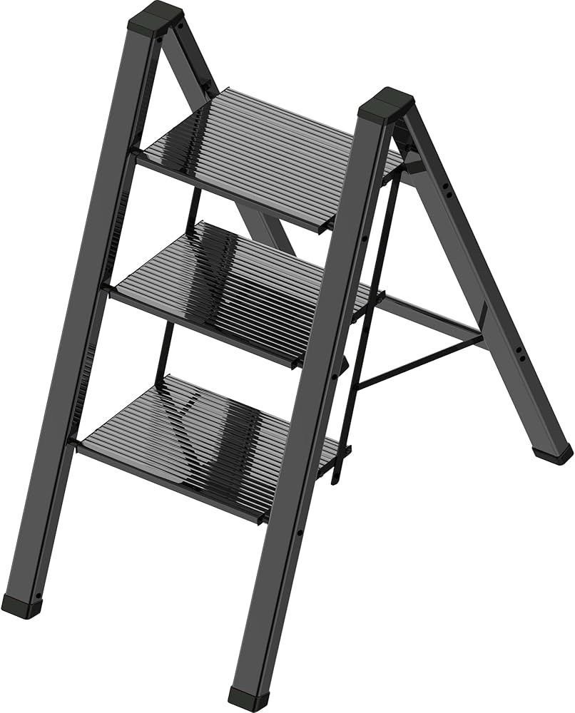 B935 $40 3 Step Ladder, Portable Step Ladder Folding, Lightweight Step Ladder with Anti-Slip Pedal, Aluminum Indoor and Closet, Kitchen, 330lbs - Bla
