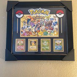 Framed Pokémon Base Set Display – Pikachu, Charmander, Bulbasaur, Squirtle (1999)