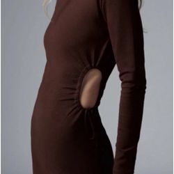 NWT‼️ ZARA thick brown long sleeved bodycon mini dress with cut out tie Size Medium