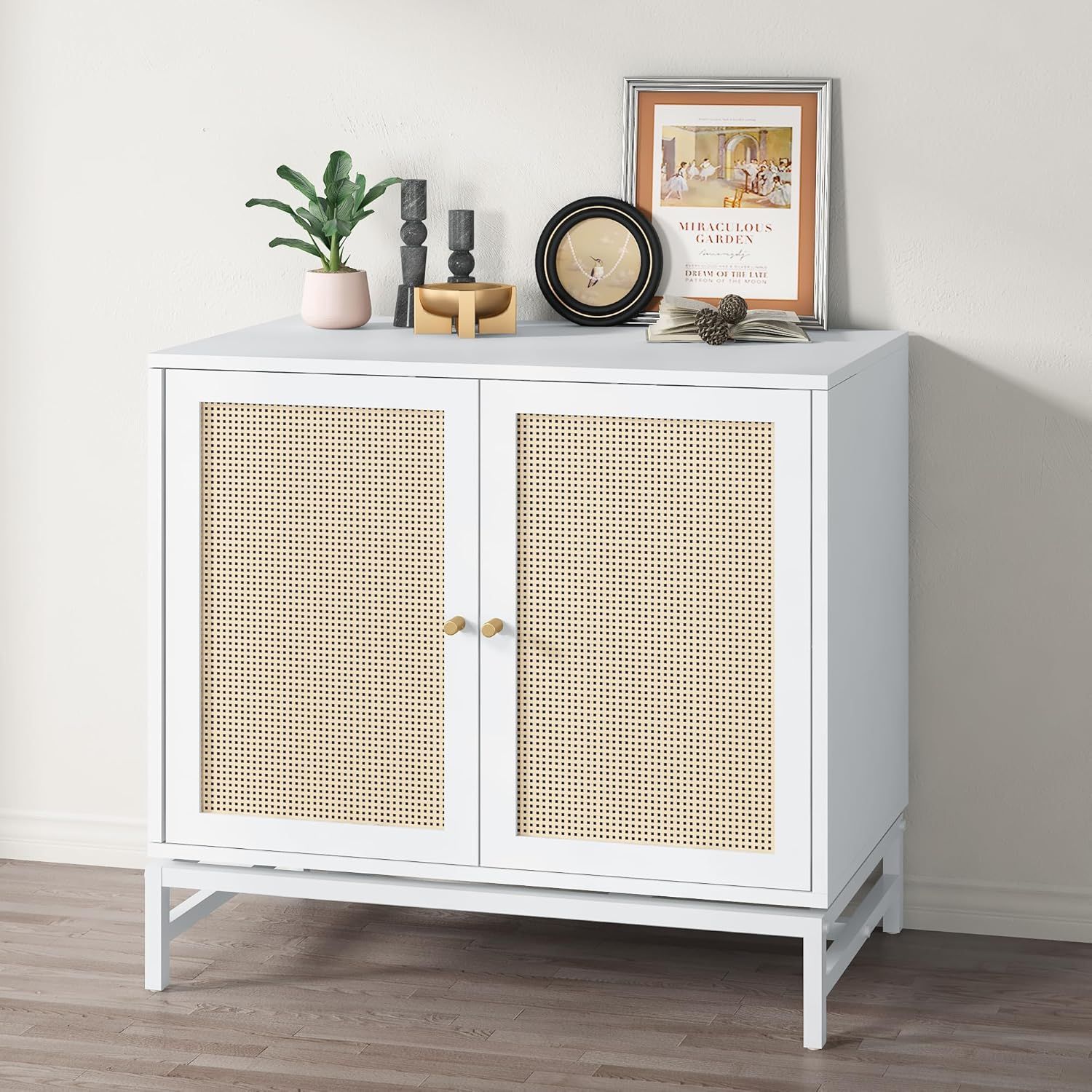 32" White 2-Door Rattan Sideboard / Storage Cabinet w/ Adjustable Shelves [NEW] **Retails for $300  <Assembly Req>