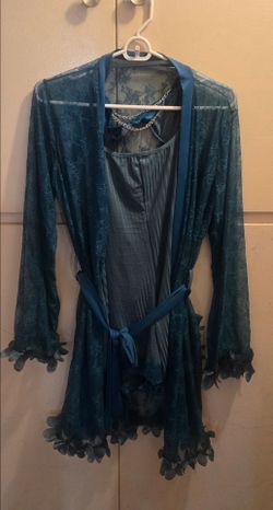 teal-blue two-piece sleepwear set consisting of a sheer floral lace long-sleeve robe