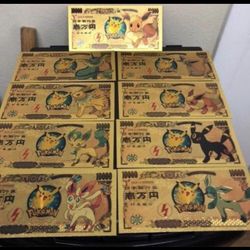 24k Gold Foil Plated Eevee Evolution Pokémon Banknote Collection 